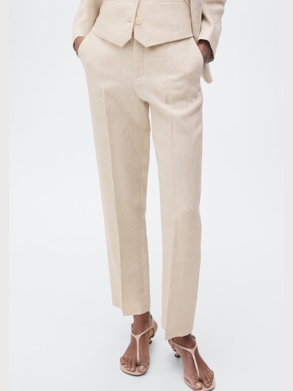 MANGO Suit Linen Trousers Straight Pants Beige High Rise NWOT US 8 EUR 40